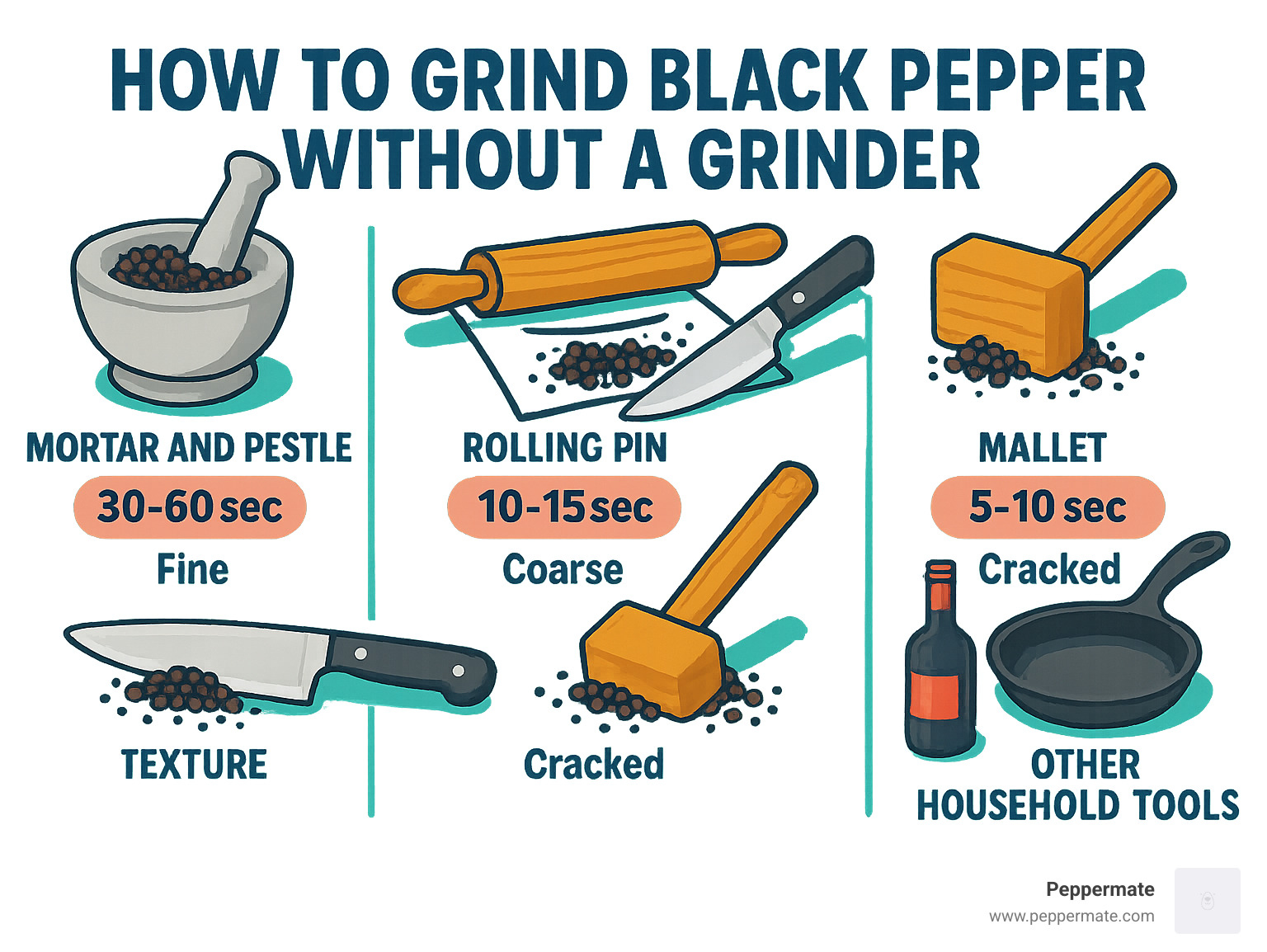 Methods for grinding black pepper without a grinder showing mortar and pestle, rolling pin, knife, mallet, and other household tools with expected grind times and texture results - how to grind black pepper without grinder infographic 