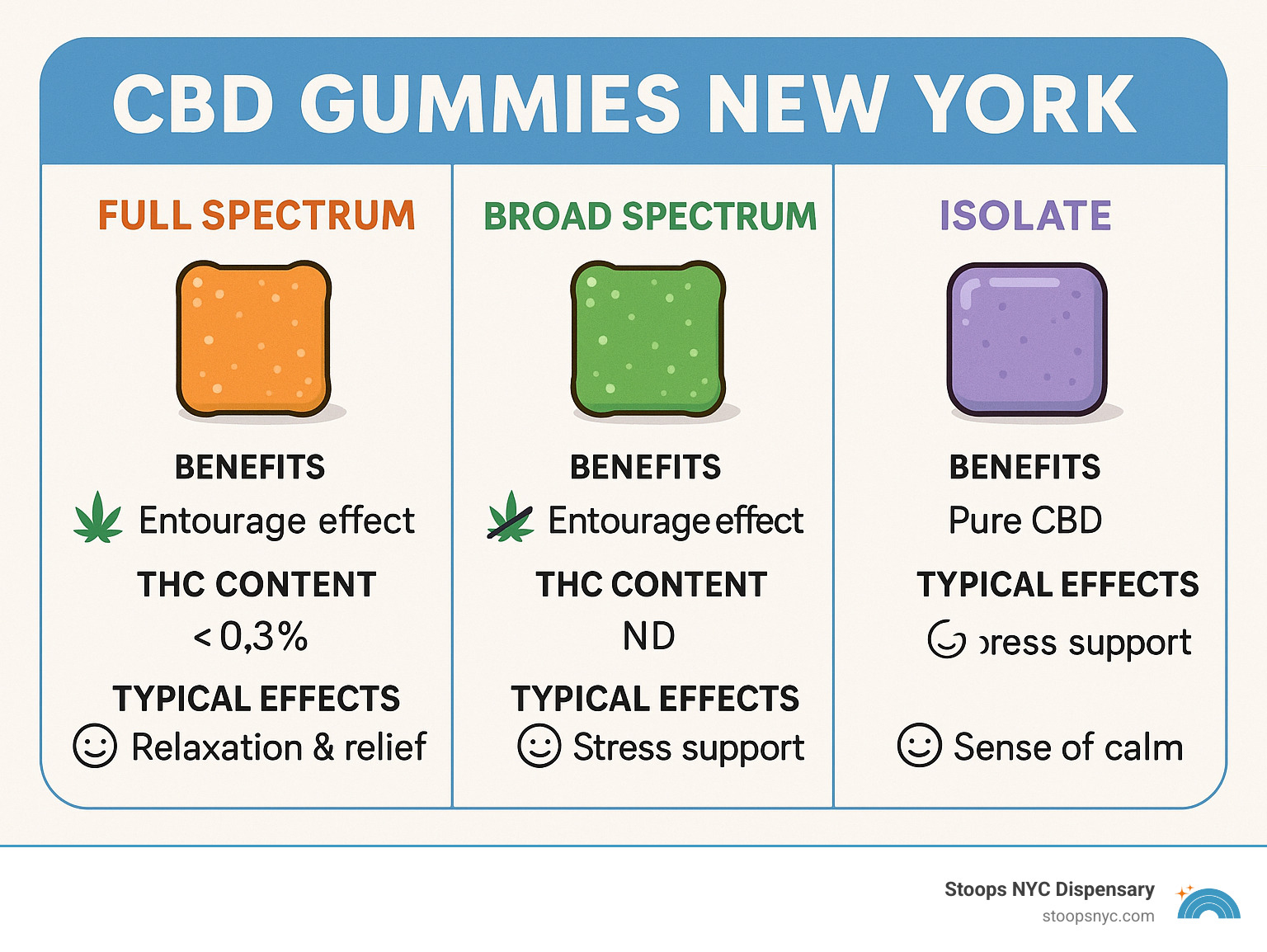 Comparison of CBD gummy types showing full spectrum, broad spectrum, and isolate options with their benefits, THC content, and typical effects for New York consumers - CBD gummies New York infographic
