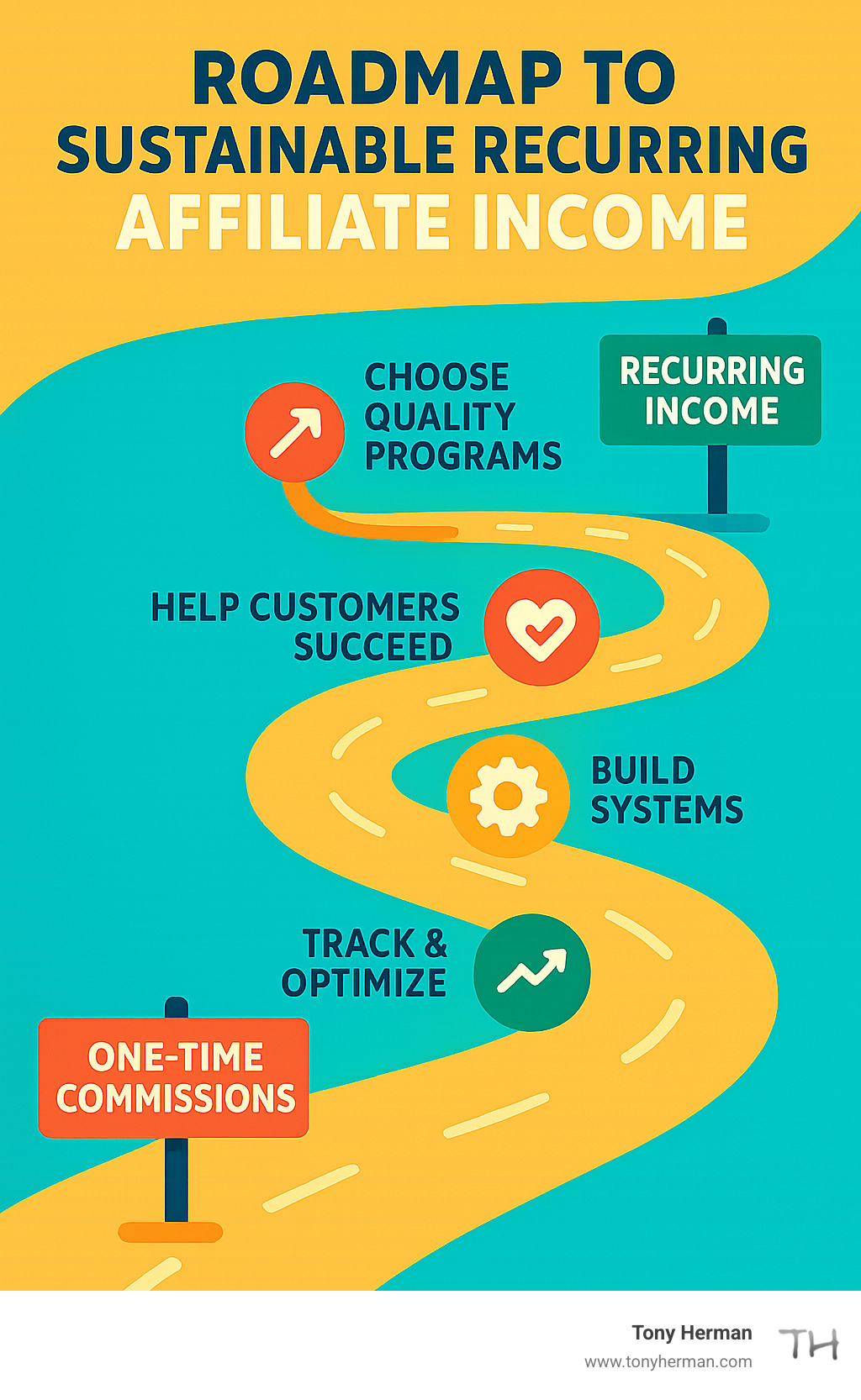 Roadmap showing the journey from one-time commissions to sustainable recurring affiliate income - affiliate marketing recurring income infographic Roadmap showing the journey from one-time commissions to sustainable recurring affiliate income - affiliate marketing recurring income infographic