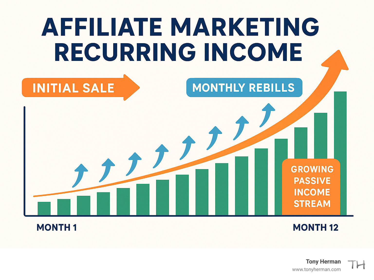 Diagram showing how recurring affiliate income compounds over time, with arrows showing initial sale, monthly rebills, and growing passive income stream over months 1-12 - affiliate marketing recurring income infographic Diagram showing how recurring affiliate income compounds over time, with arrows showing initial sale, monthly rebills, and growing passive income stream over months 1-12 - affiliate marketing recurring income infographic