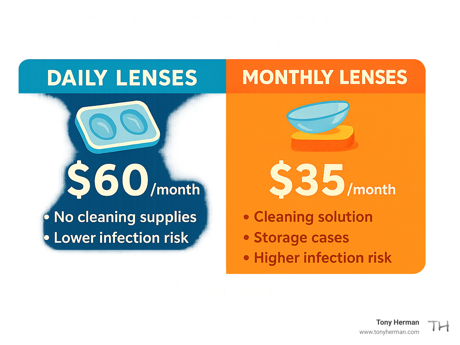 Cost comparison chart of daily vs monthly lenses - daily contacts free trial infographic Cost comparison chart of daily vs monthly lenses - daily contacts free trial infographic