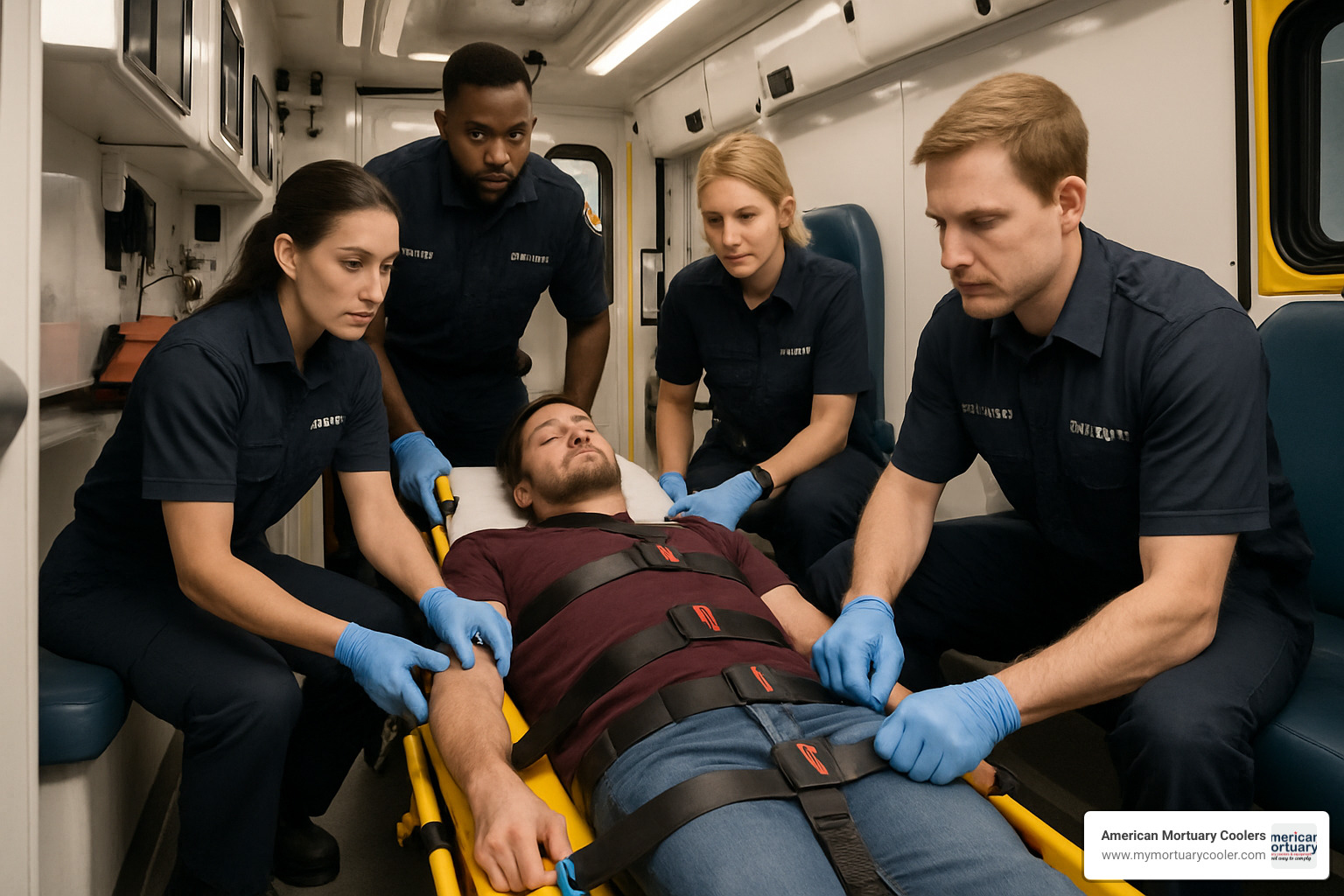 Scoop stretcher properly secured in ambulance with team of responders - scoop stretchers