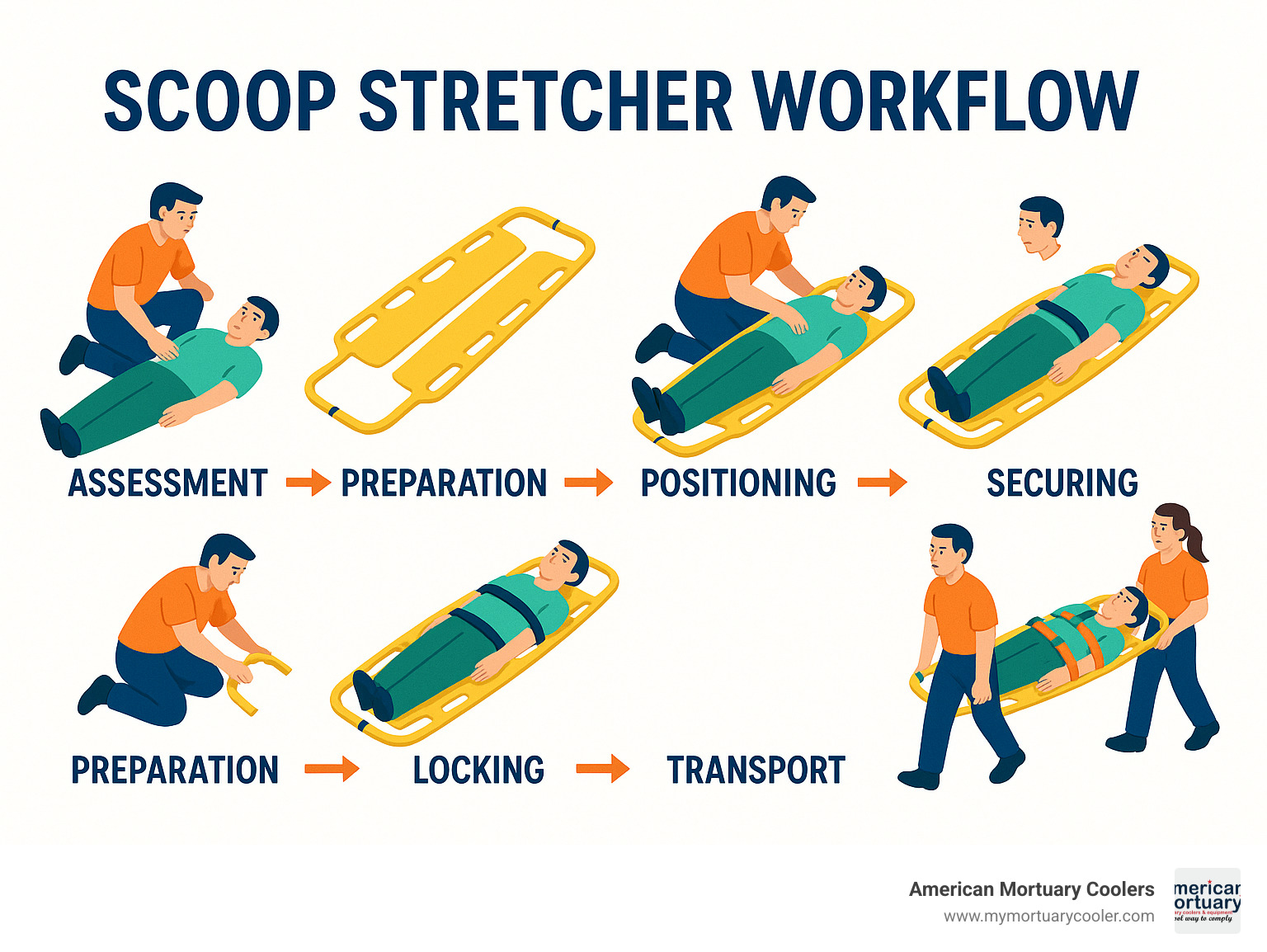 Scoop stretcher workflow showing assessment, preparation, positioning, locking, securing, and transport steps - scoop stretchers infographic 