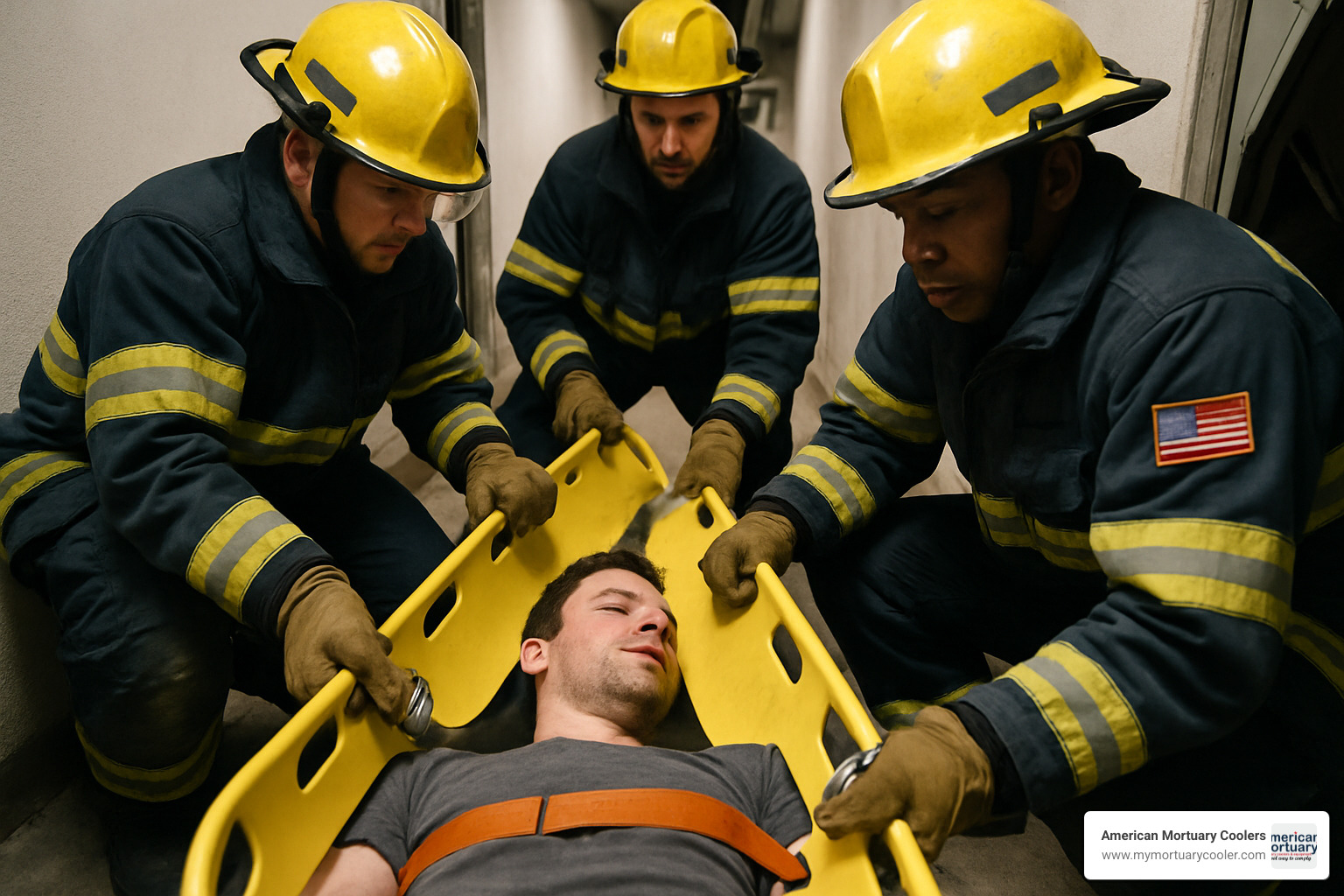 Emergency responders using scoop stretcher in confined space rescue - scoop stretchers