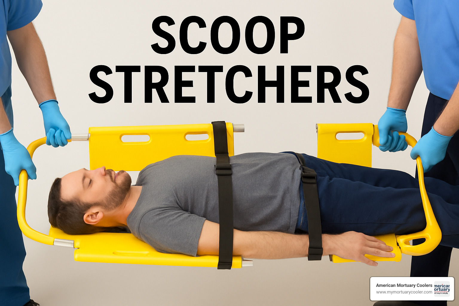EMS professionals positioning scoop stretcher halves around a patient - scoop stretchers