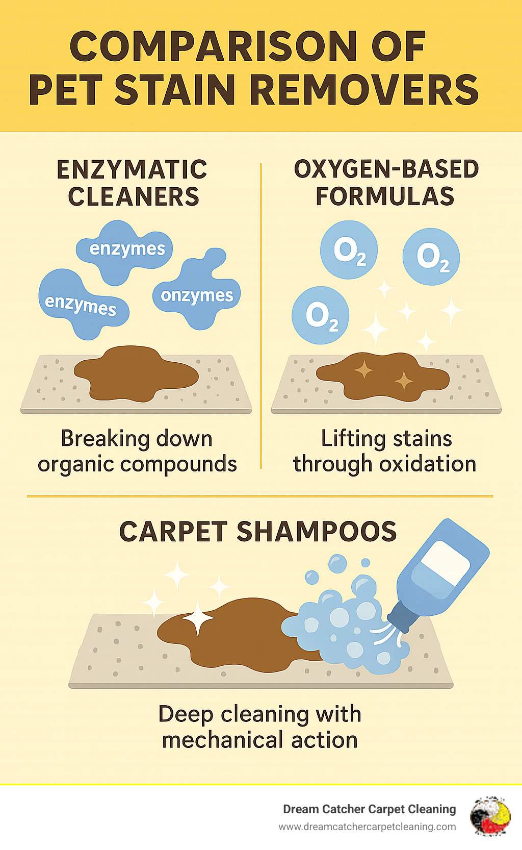 Comparison of pet stain removers showing enzymatic cleaners breaking down organic compounds, oxygen-based formulas lifting stains through oxidation, and carpet shampoos delivering deep cleaning with mechanical action - best pet stain remover for carpets infographic 