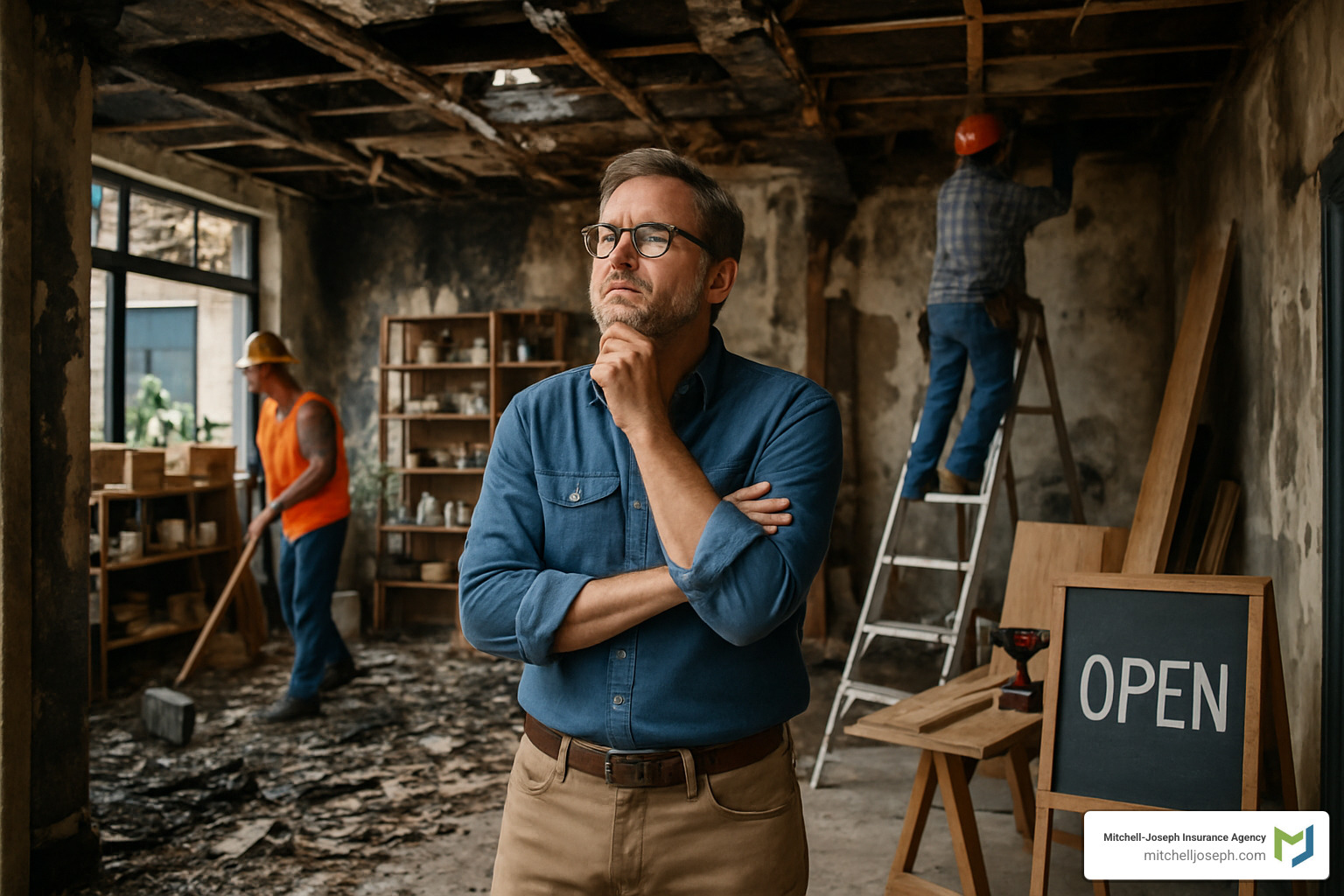 A small business owner inspecting damage to their shop after a covered event while repairs are underway - business owners policy