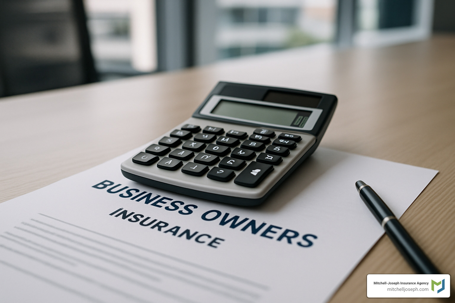 Calculator sitting on top of a business owners policy document - business owners policy