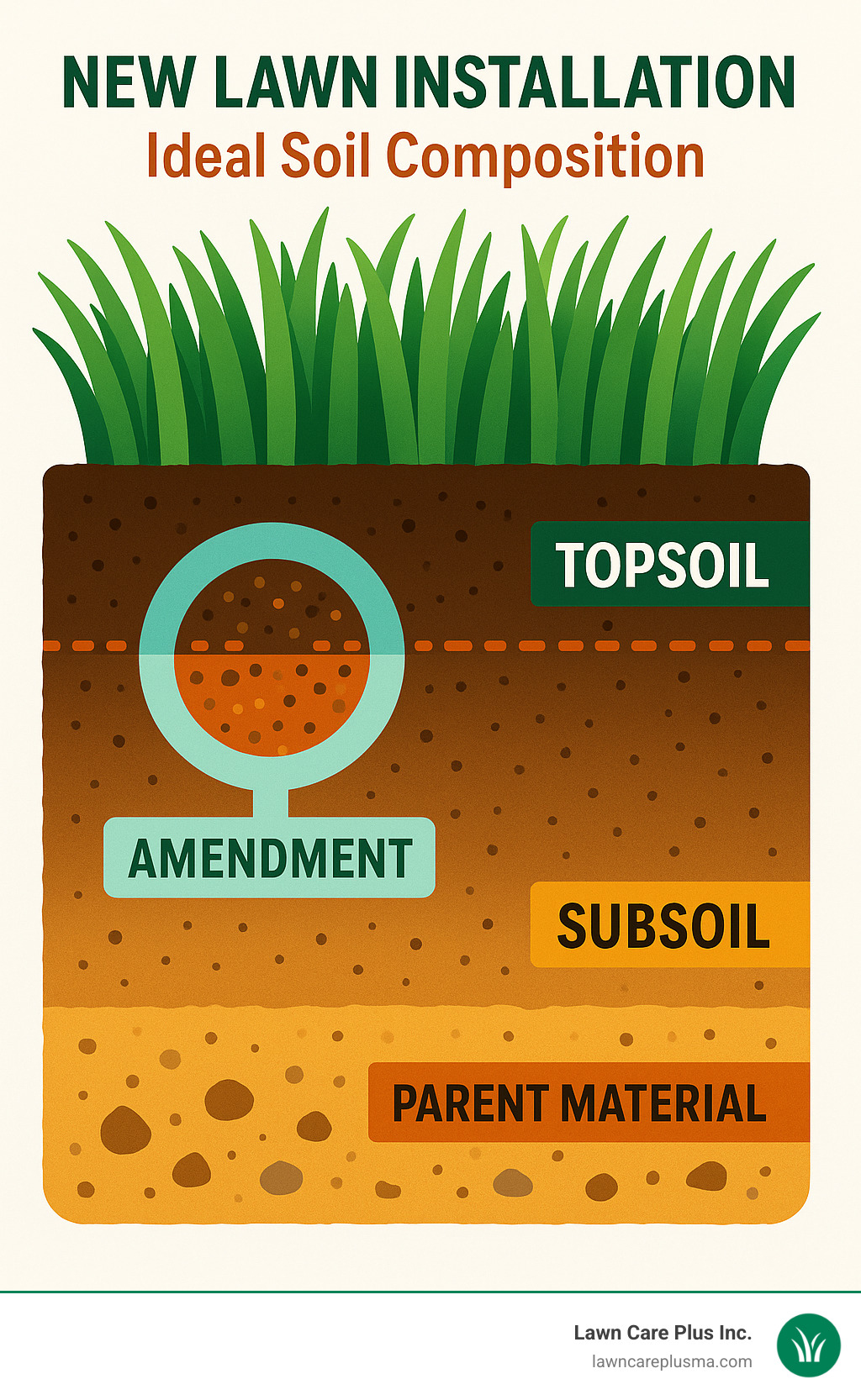 Diagram showing ideal soil composition with topsoil, subsoil, and parent material layers with proper amendment incorporation - New Lawn Installation infographic 