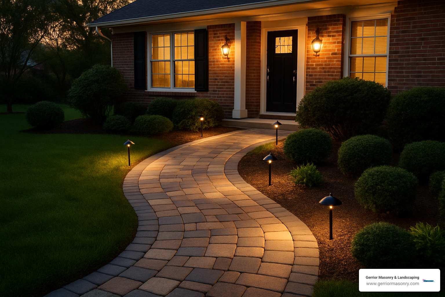 Mixed paver walkway with curved edges and integrated landscape lighting - front yard hardscaping