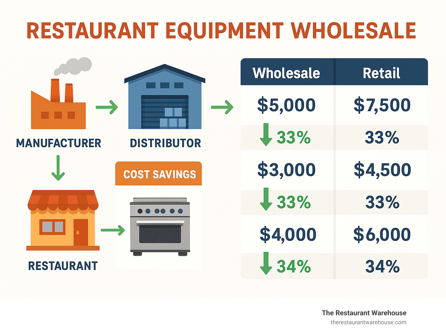 Restaurant equipment wholesale supply chain showing cost savings at each level - from manufacturer to distributor to restaurant with price comparisons and percentage savings between wholesale vs retail for major equipment categories - restaurant equipment wholesale infographic 