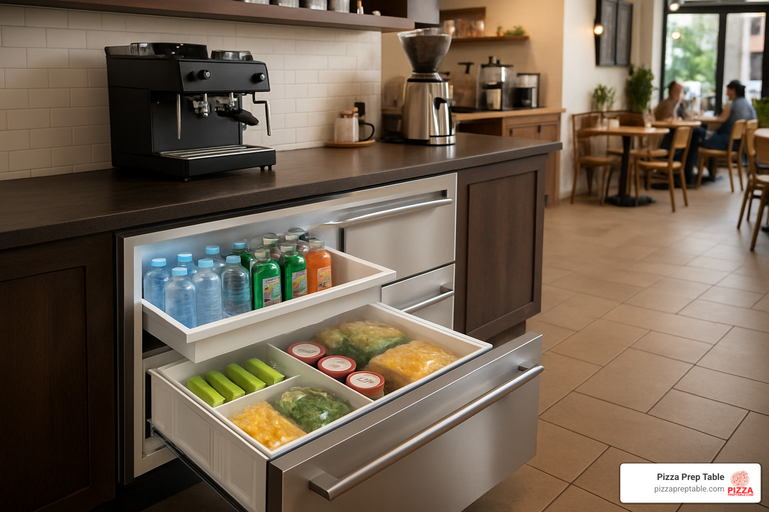 dual-zone refrigerator freezer drawer installed in a coffee bar - under counter freezer drawers