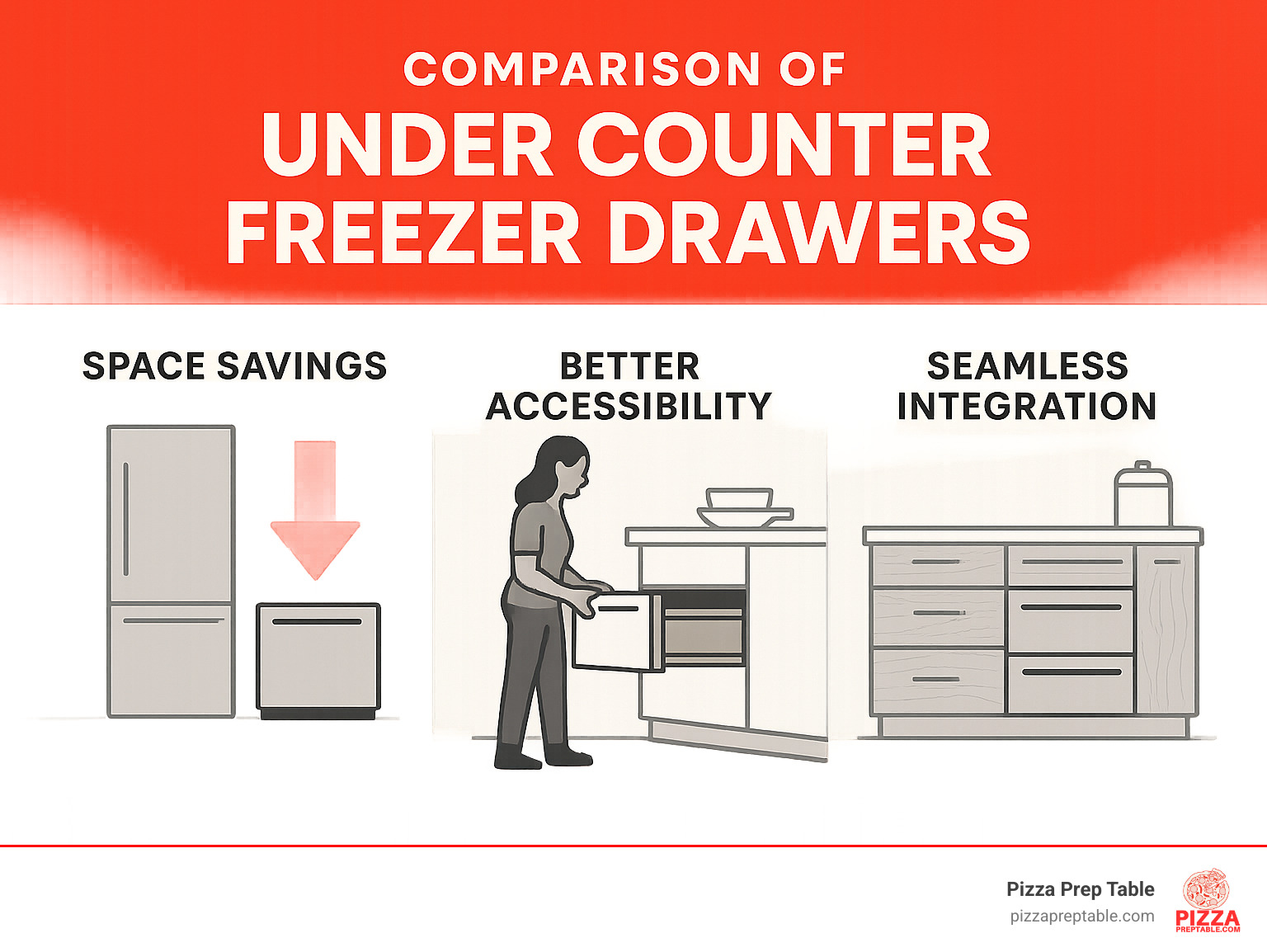 Comparison of under counter freezer drawers showing space savings, accessibility benefits, and integration with kitchen cabinetry - under counter freezer drawers infographic 