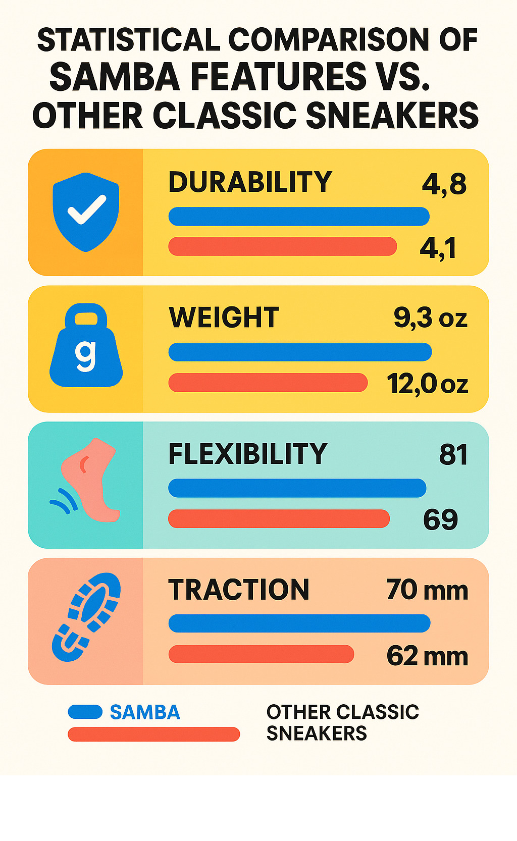 Statistical comparison of Samba features versus other classic sneakers, showing durability ratings, weight, flexibility scores, and traction measurements - sambas infographic 