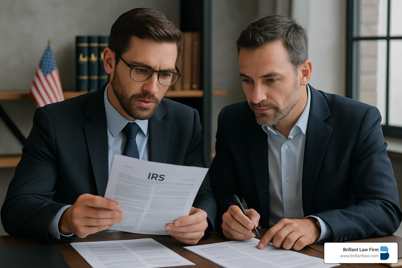tax attorney reviewing IRS documents with client - business tax lawyer near me