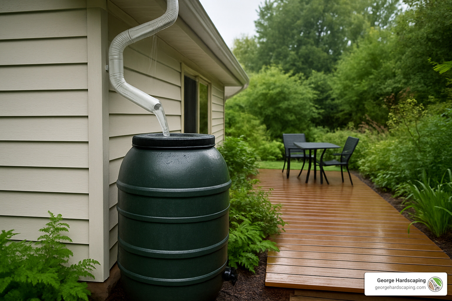 rain barrel collecting water from roof near patio - eco-friendly patio options