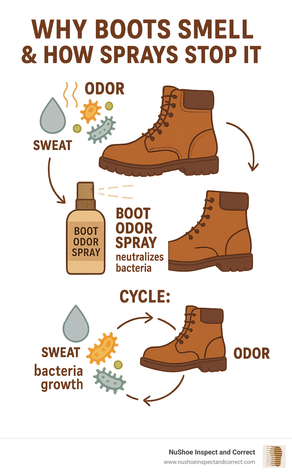 Diagram showing how bacteria cause boot odor, how boot odor spray works to neutralize bacteria, and the cycle of sweat, bacteria growth, and odor production in boots - boot odor spray infographic 