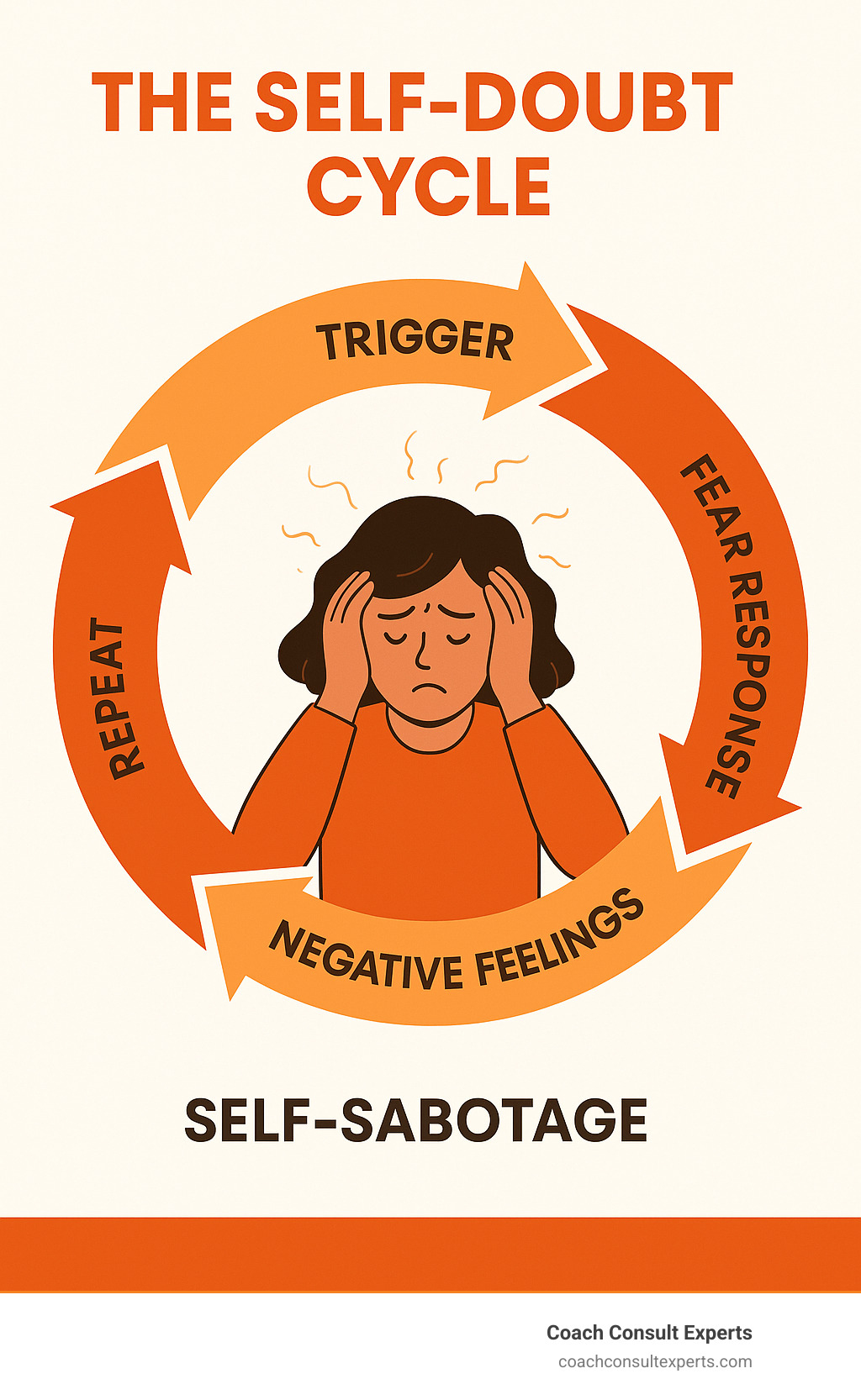 The Self-Doubt Cycle: Trigger → Fear Response → Negative Feelings → Self-Sabotage → Repeat - overcoming self doubt infographic 