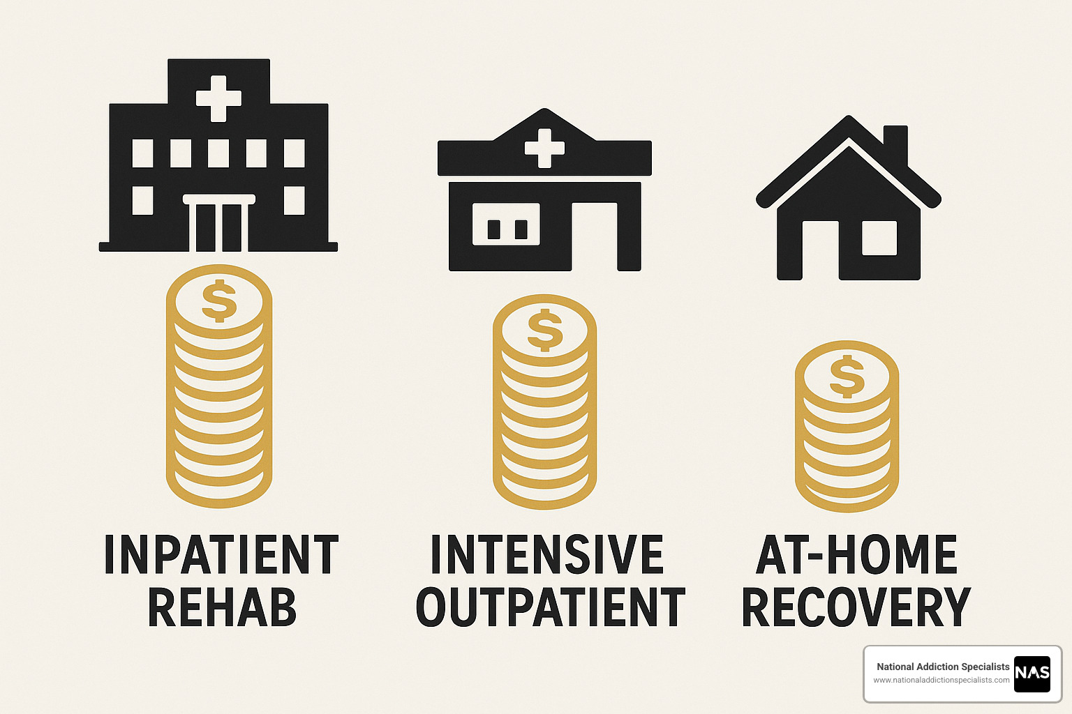 Dollar icons comparing program costs between inpatient, outpatient, and at-home recovery programs - at-home addiction recovery