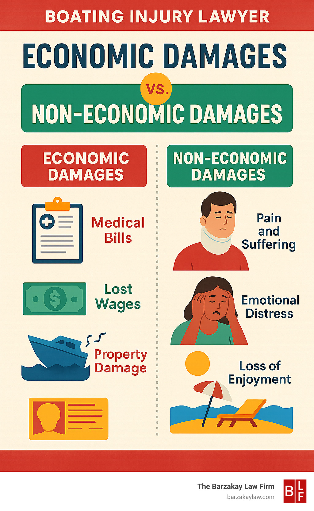 Infographic comparing economic damages (medical bills, lost wages, property damage) versus non-economic damages (pain and suffering, emotional distress, loss of enjoyment) - boating injury lawyer infographic 