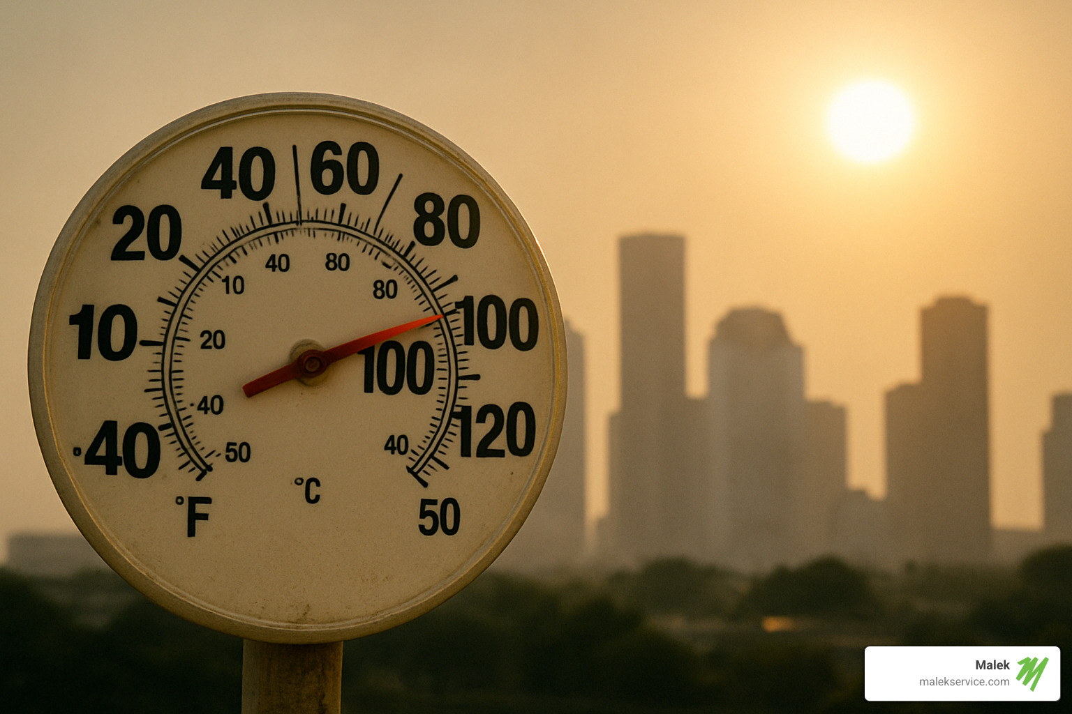 Thermometer showing 100 degrees Fahrenheit in Houston heat - air conditioning & heating services in houston