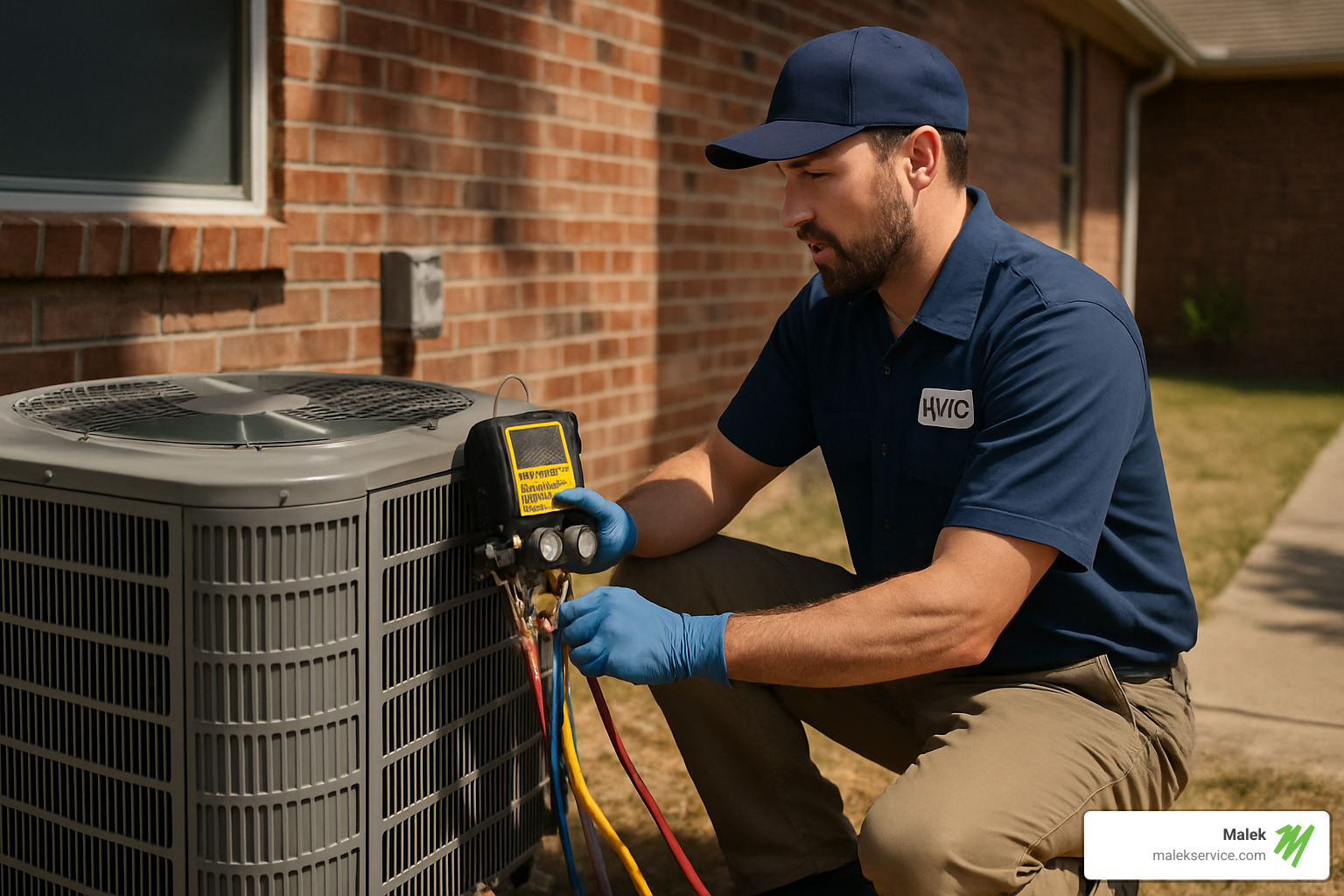 Service technician working on an HVAC system during an emergency call - air conditioning & heating services in houston