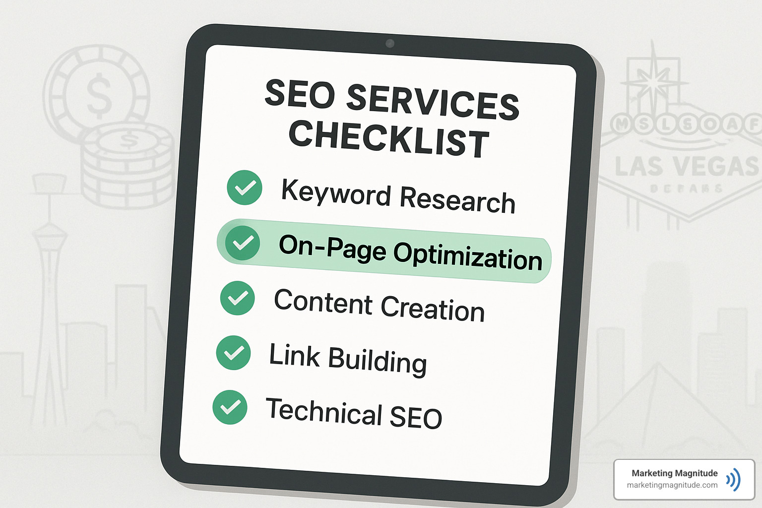 SEO services checklist with keyword research, on-page optimization, and local citations highlighted - affordable SEO Las Vegas SEO services checklist with keyword research, on-page optimization, and local citations highlighted - affordable SEO Las Vegas