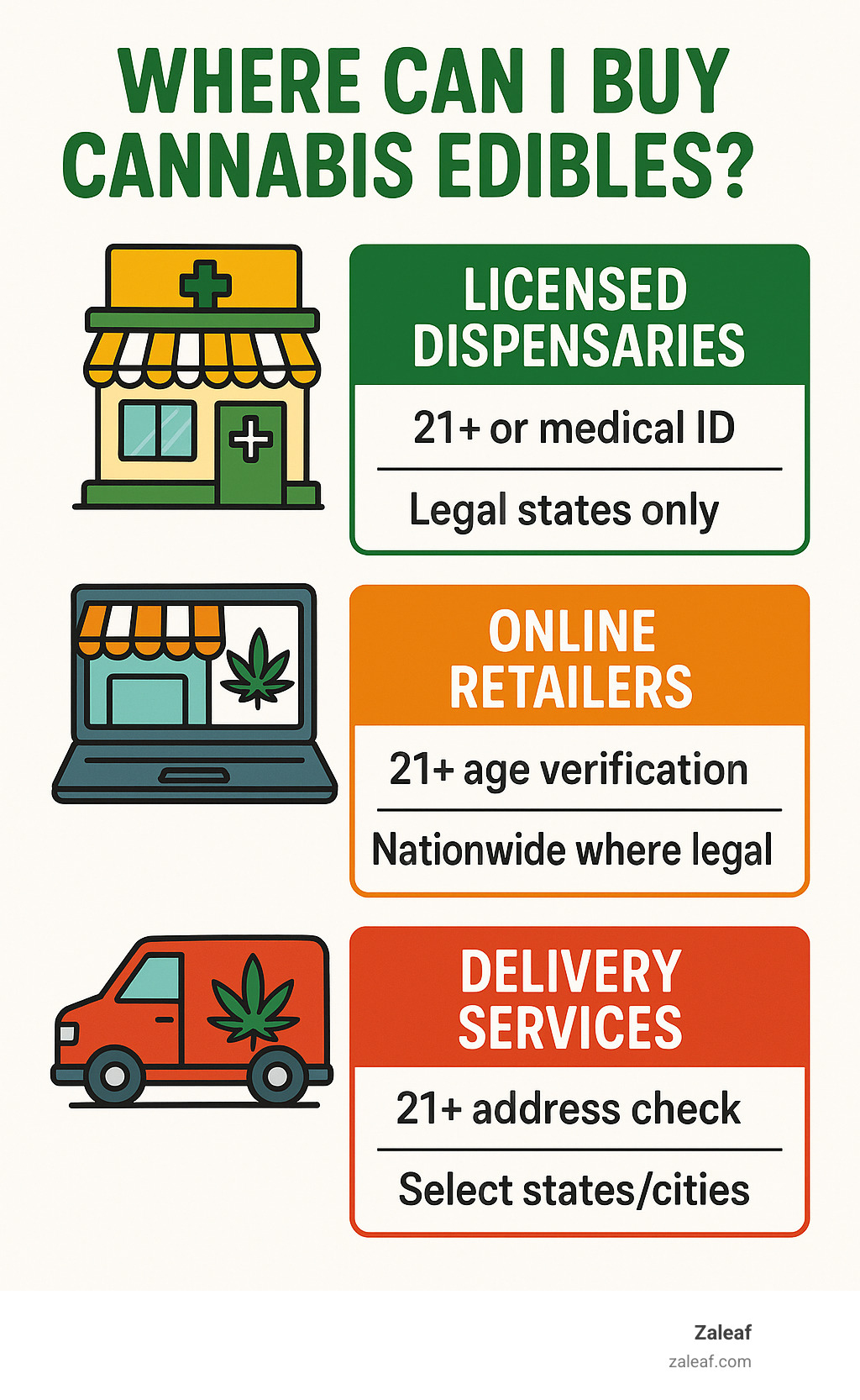 Cannabis edibles purchasing guide showing dispensary options, online retailers, and delivery services with legal requirements and availability by state - where can i buy cannabis edibles infographic 