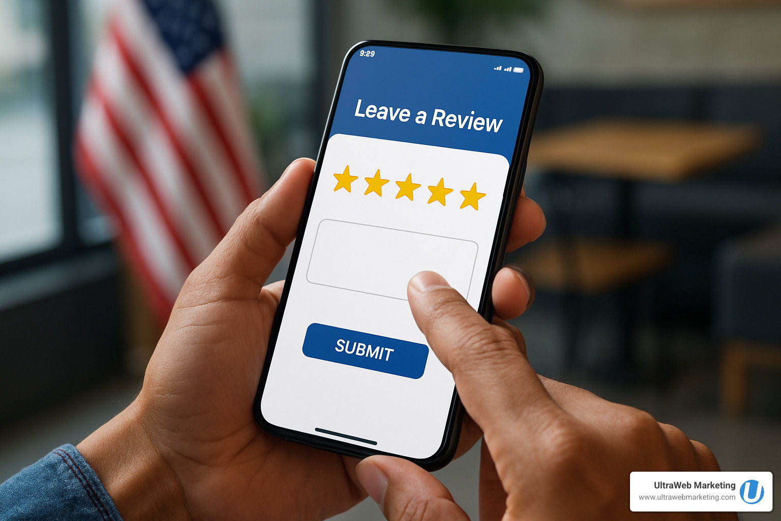 customer leaving a 5-star review on a mobile phone - local search optimization