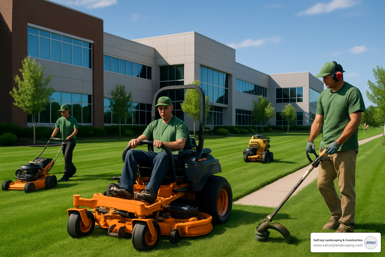 Commercial lawn maintenance crew with professional equipment working on a large business property - commercial lawn maintenance