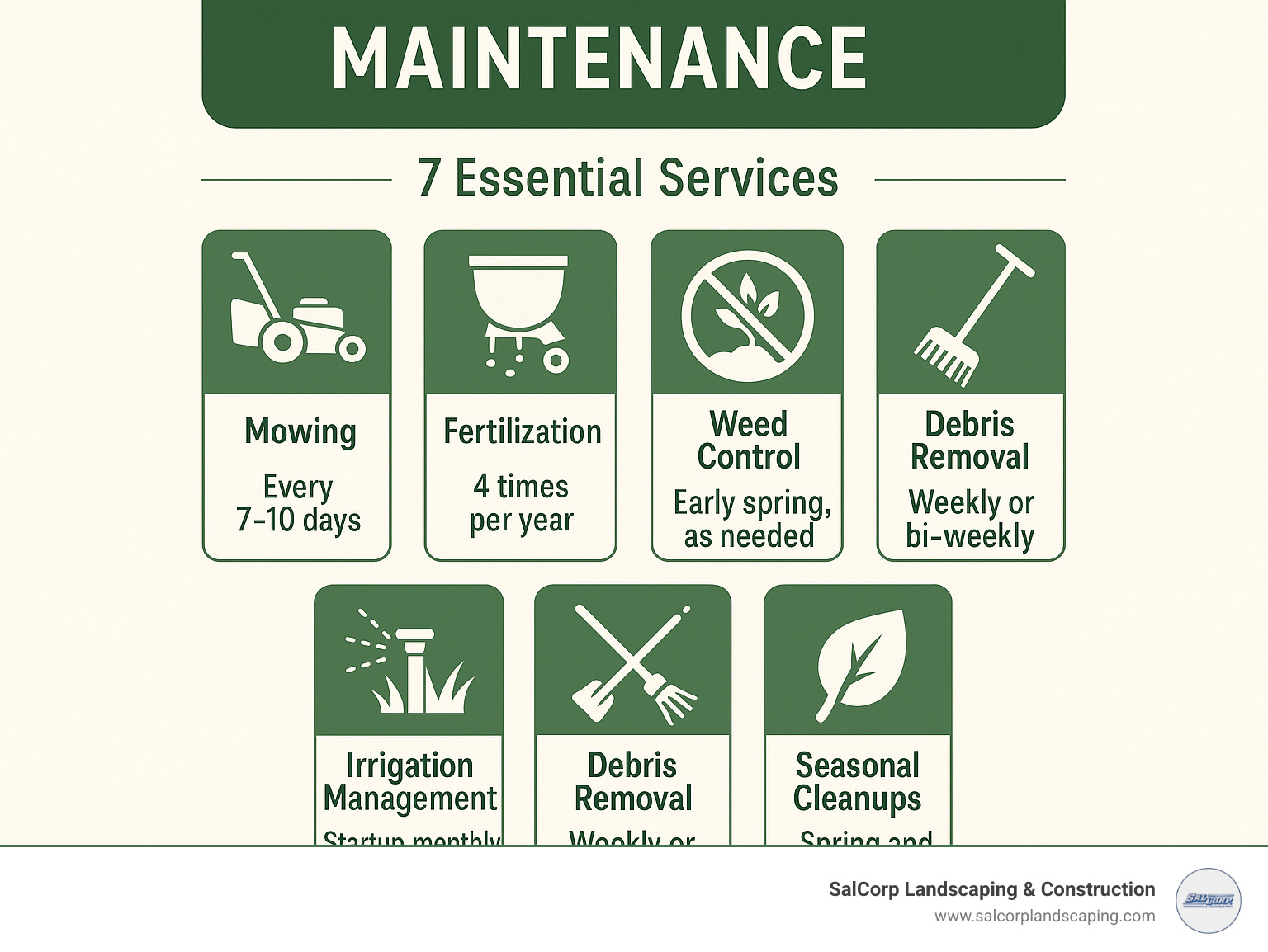 Commercial lawn maintenance infographic showing the 7 essential services: mowing, fertilization, weed control, aeration, irrigation management, debris removal, and seasonal cleanups, with recommended frequencies for each - commercial lawn maintenance infographic 