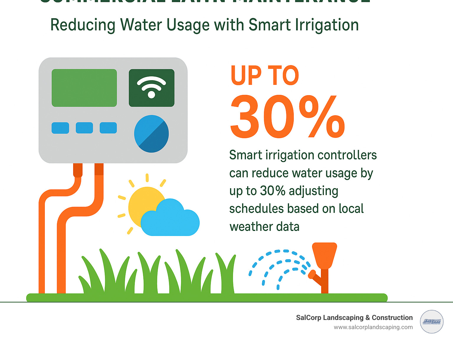 Infographic showing how smart irrigation controllers can reduce water usage by up to 30% by adjusting schedules based on local weather data - commercial lawn maintenance infographic 