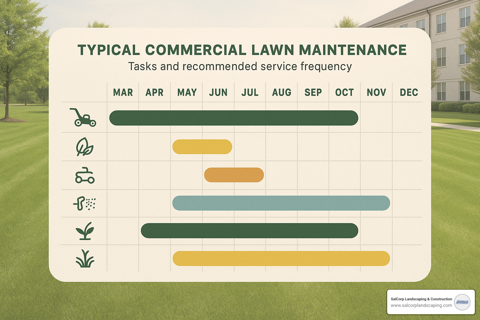 Seasonal commercial lawn maintenance calendar showing monthly tasks and service frequencies - commercial lawn maintenance