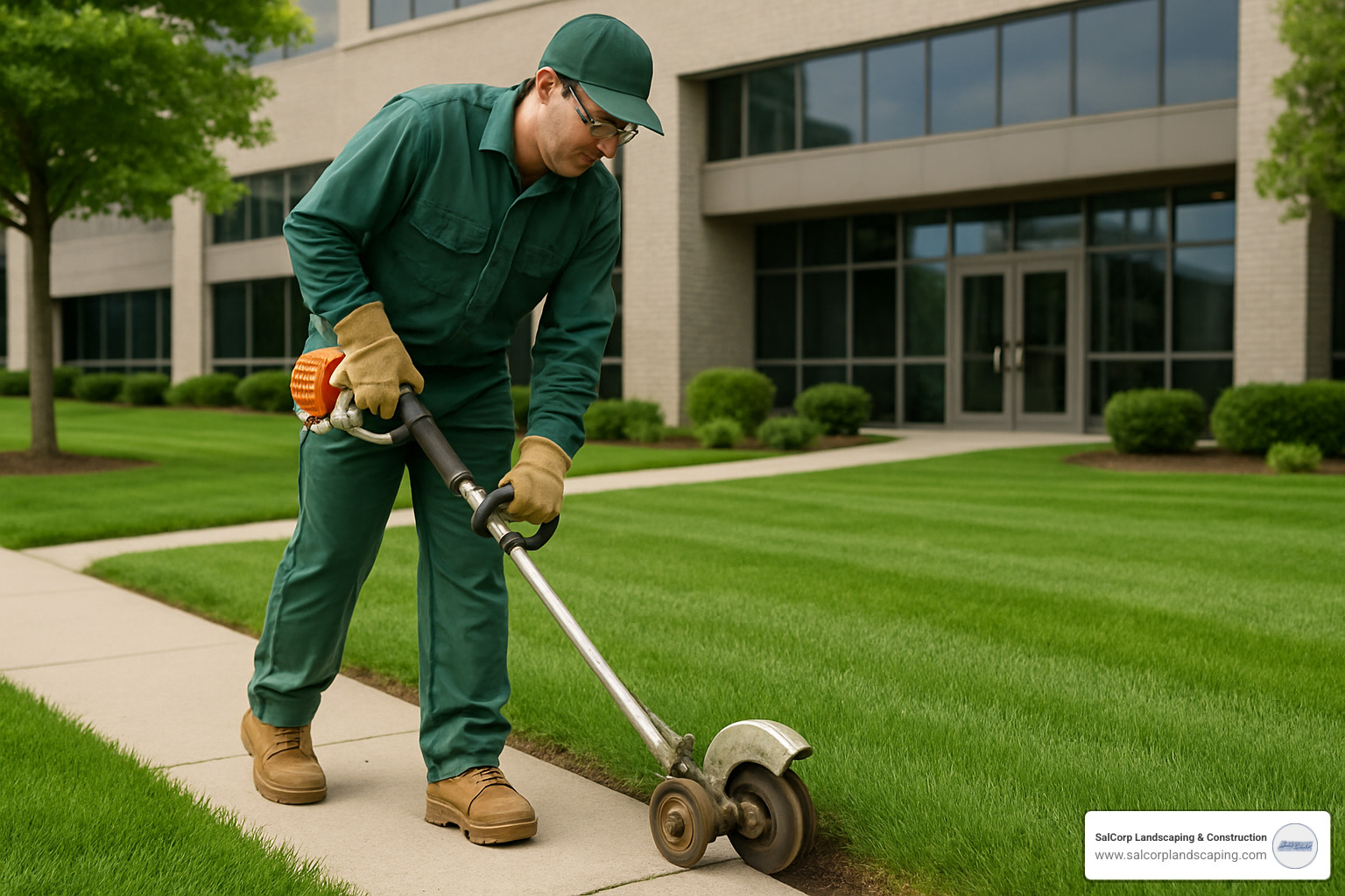 Commercial lawn maintenance professional performing precision edging along a business walkway - commercial lawn maintenance