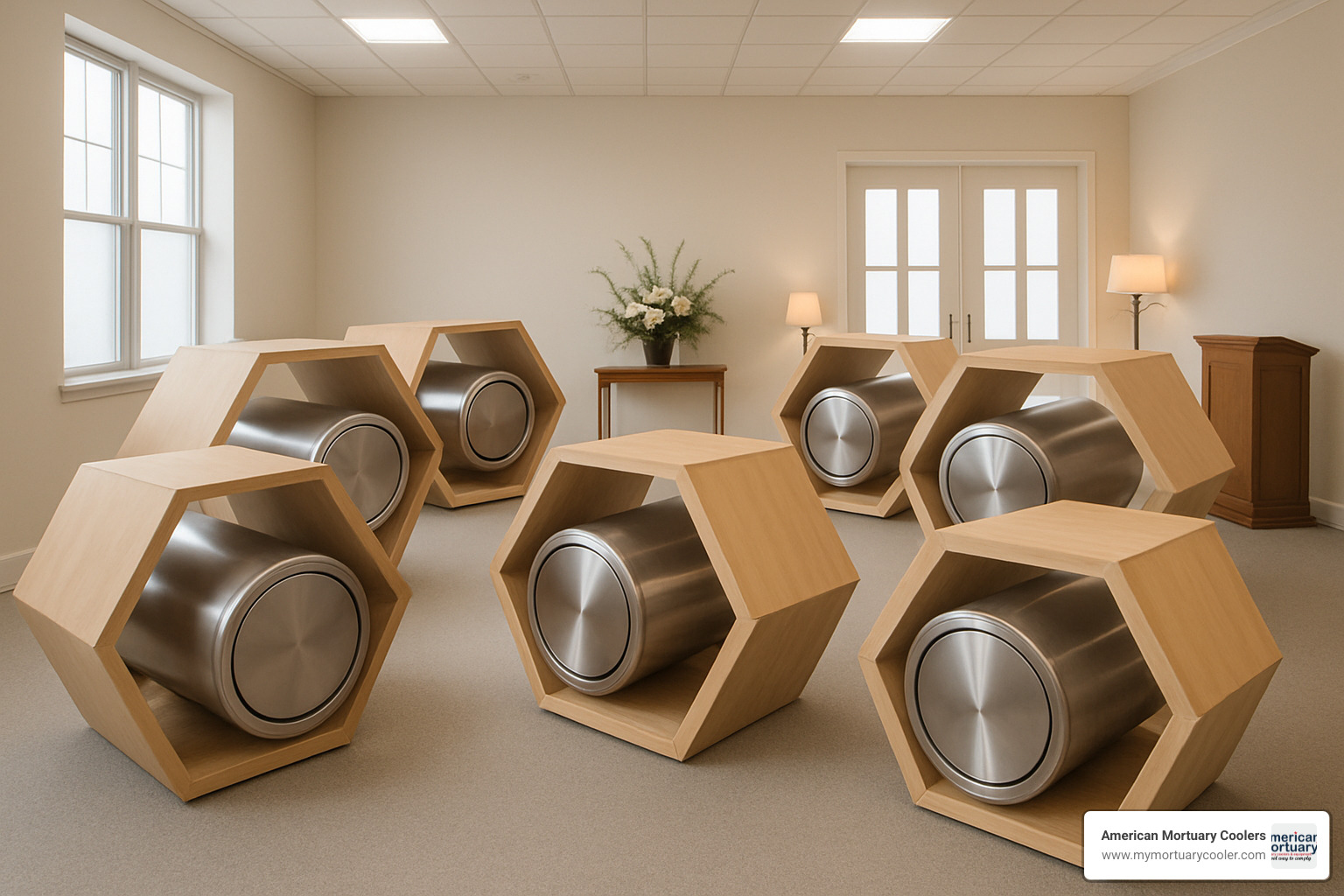 Human composting vessel array showing hexagonal frames containing stainless steel cylinders - human composting vessel
