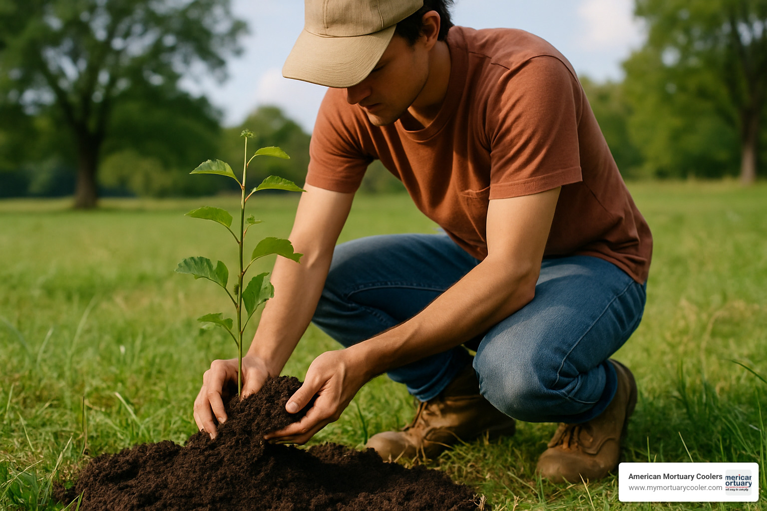 Person planting a tree using nutrient-rich soil from human composting - human composting vessel