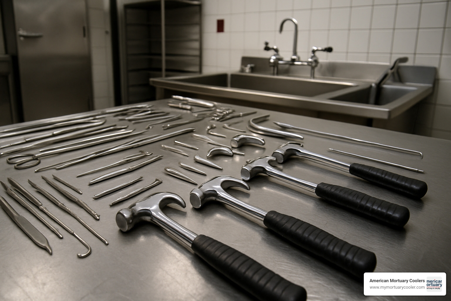 mortuary tools including hammers with hooks arranged in a workshop setting - hammer with hook