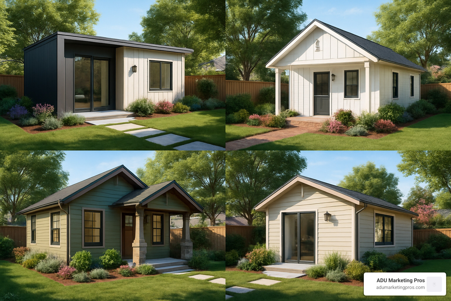 Collection of detached ADU plan renderings showing different architectural styles - detached ADU plans
