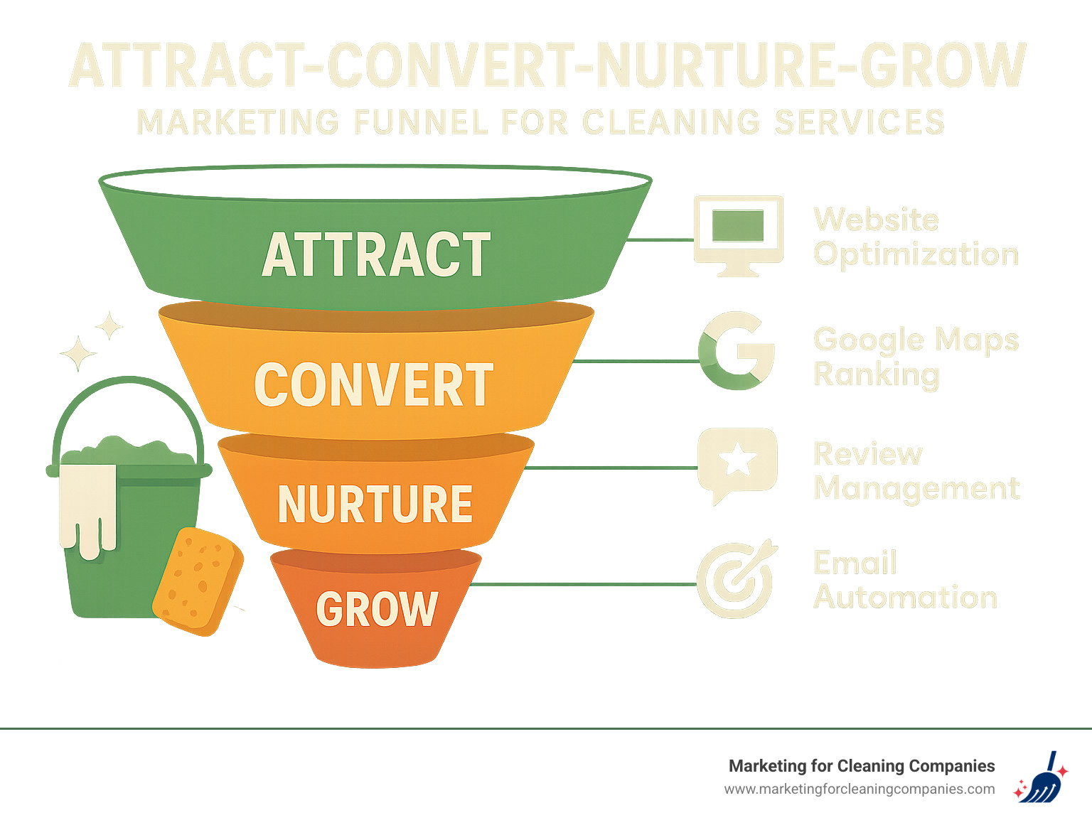 Attract-Convert-Nurture-Grow Marketing Funnel for Cleaning Services showing website optimization, Google Maps ranking, review management, email automation, and remarketing strategies at each stage - cleaning service marketing agency infographic 