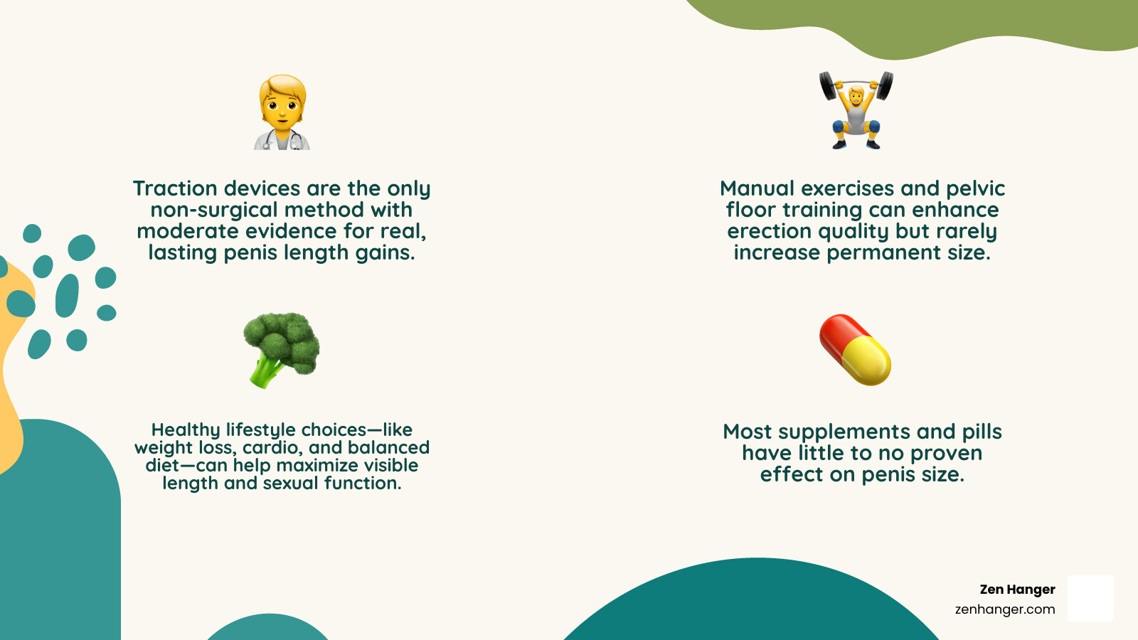 Overview of natural penis improvement methods showing traction devices, manual exercises, lifestyle changes, and their expected results - natural penis improvement infographic 4_facts_emoji_nature