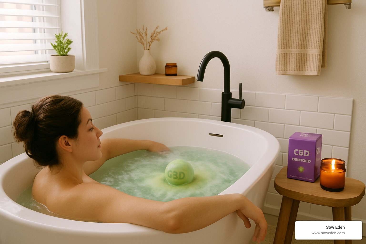 person relaxing in bath with CBD bath bomb - cbd bath beauty and skincare products