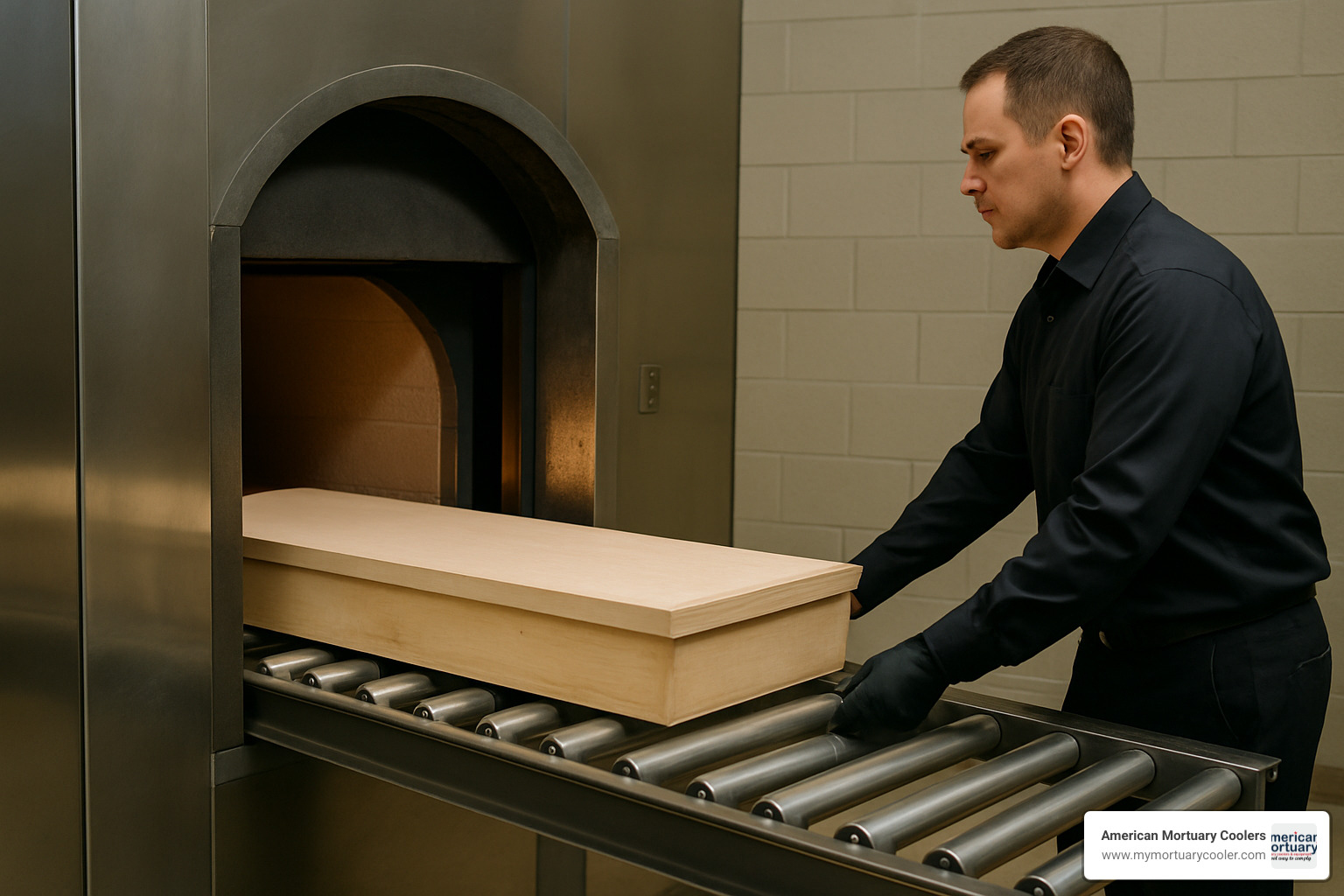 loading rollers in use with cremation tray - cremation tray