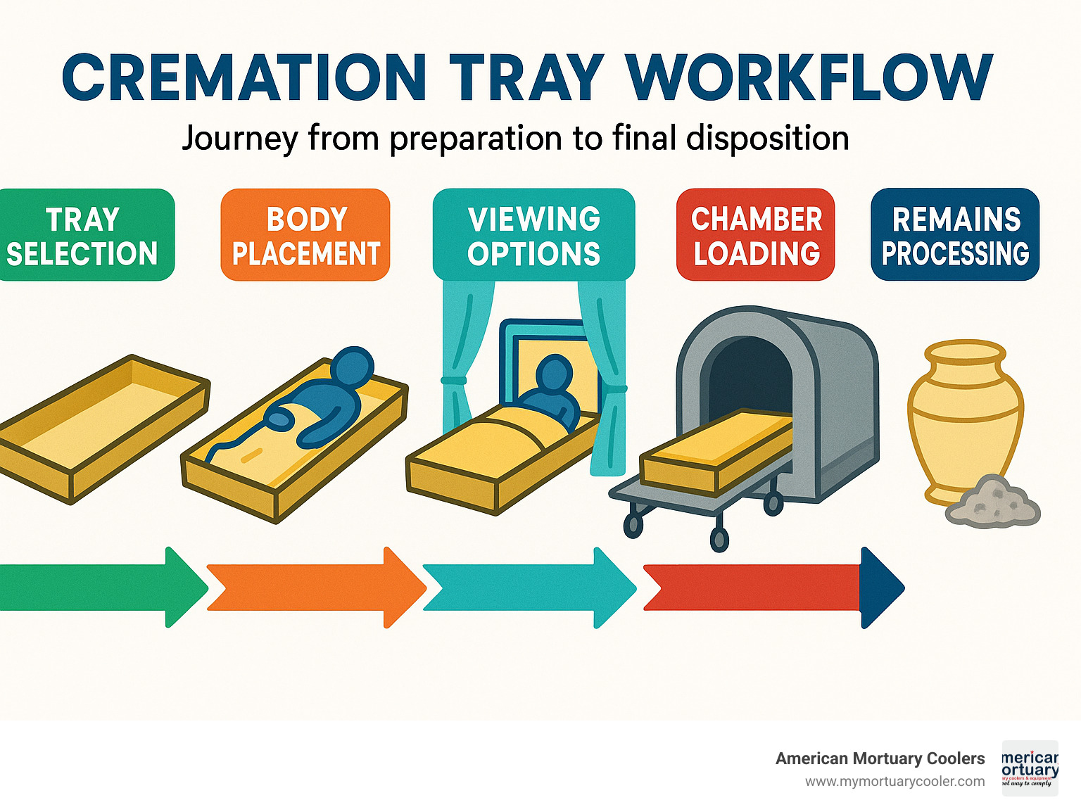 Cremation tray workflow showing the journey from preparation to final disposition, including tray selection, body placement, viewing options, chamber loading, and remains processing - cremation tray infographic 