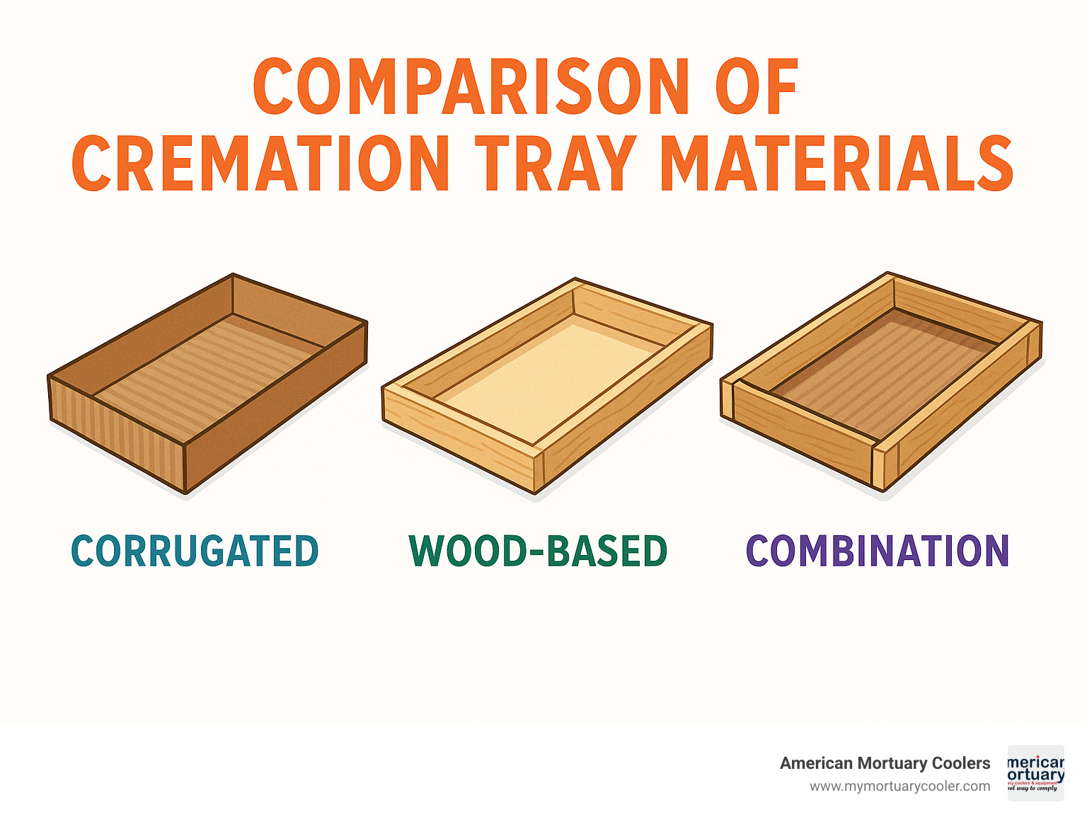 Comparison of cremation tray materials showing corrugated, wood-based, and combination designs - cremation tray infographic 