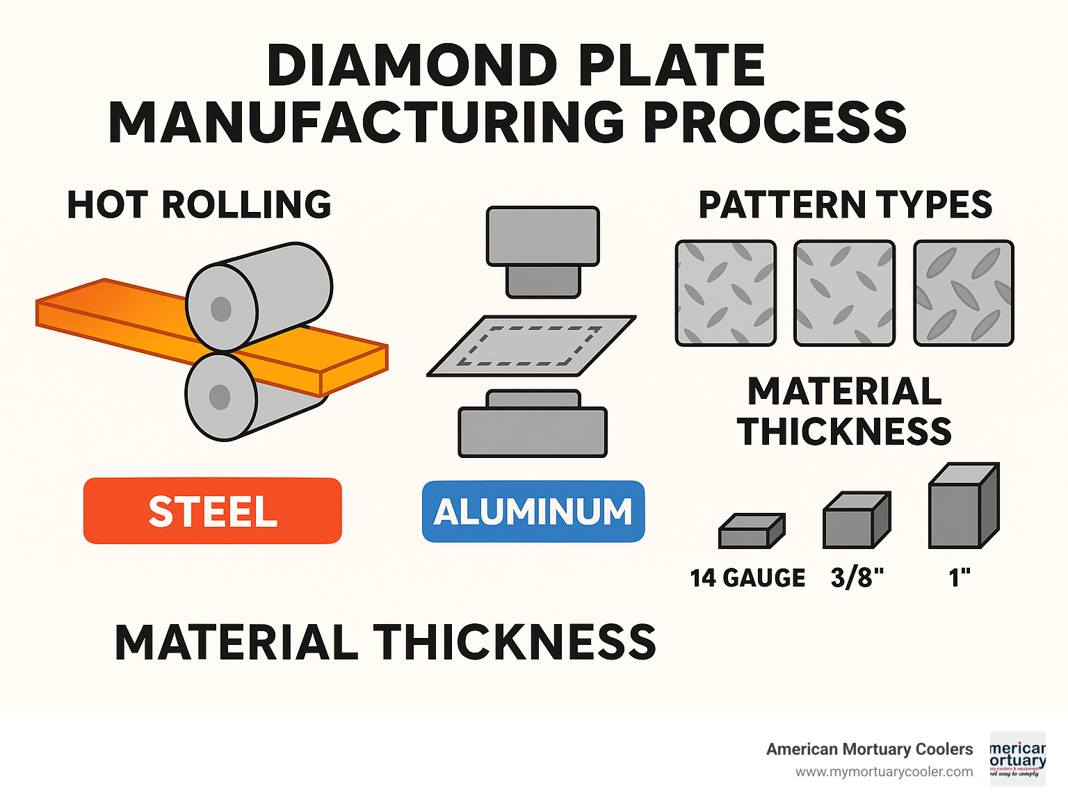 Diamond plate manufacturing process showing hot rolling for steel and stamping for aluminum, with different pattern types and material thickness options - diamond plates infographic 