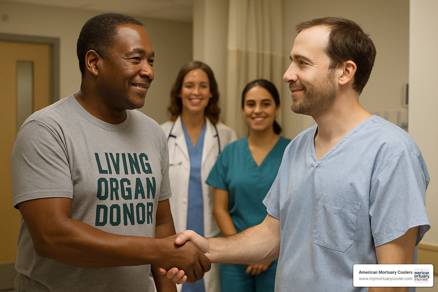 living donor and recipient shaking hands - donating organs process