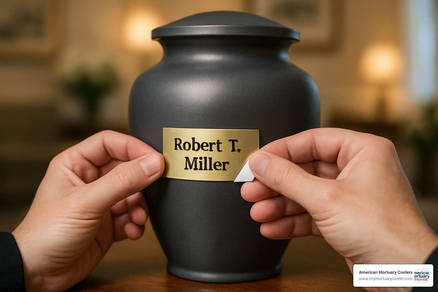 Peel-and-stick installation of urn nameplate - engraved name plate for urn