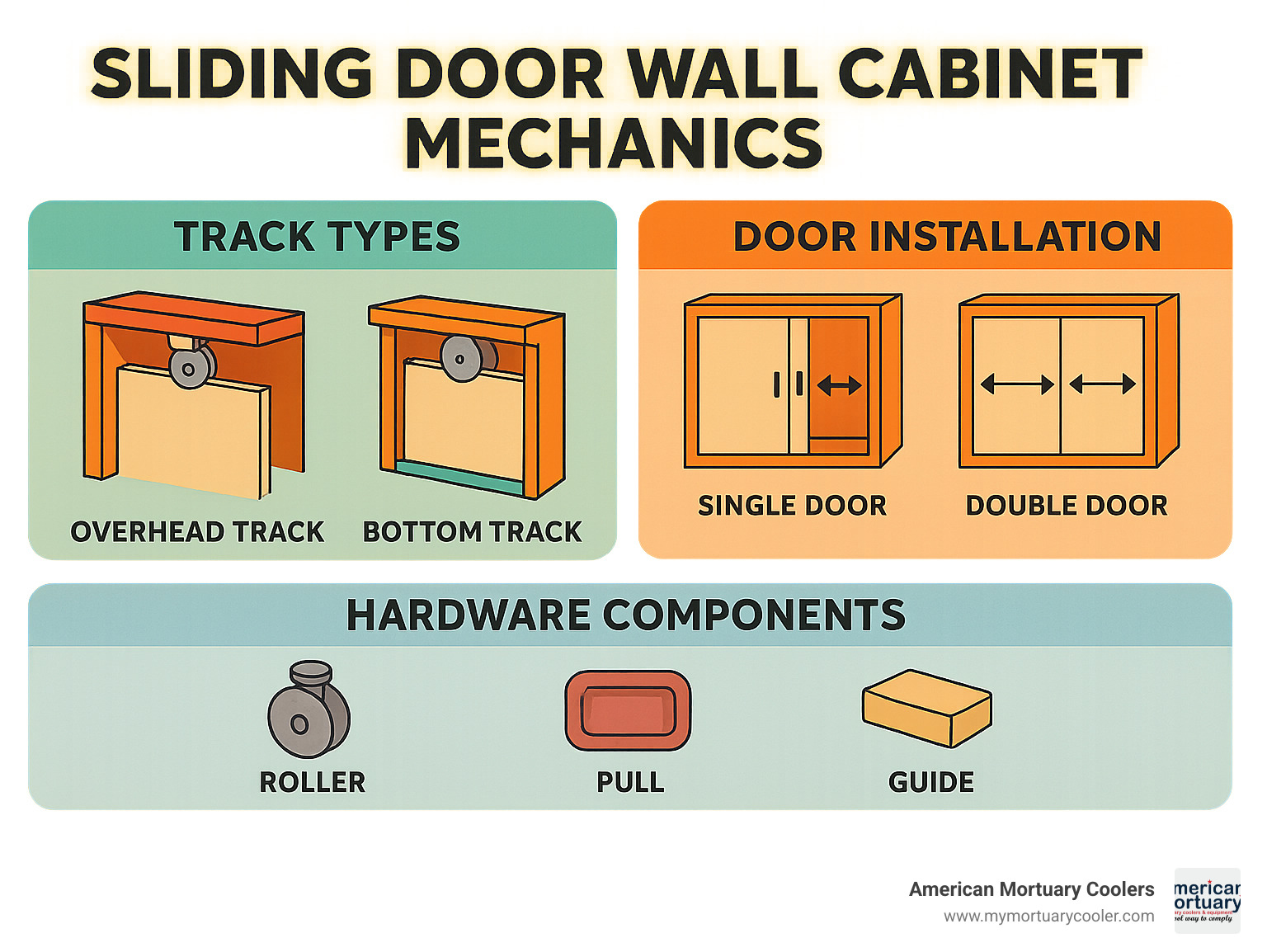Sliding door wall cabinet mechanics showing track types, door installation methods, and common hardware components - sliding door wall cabinet infographic 