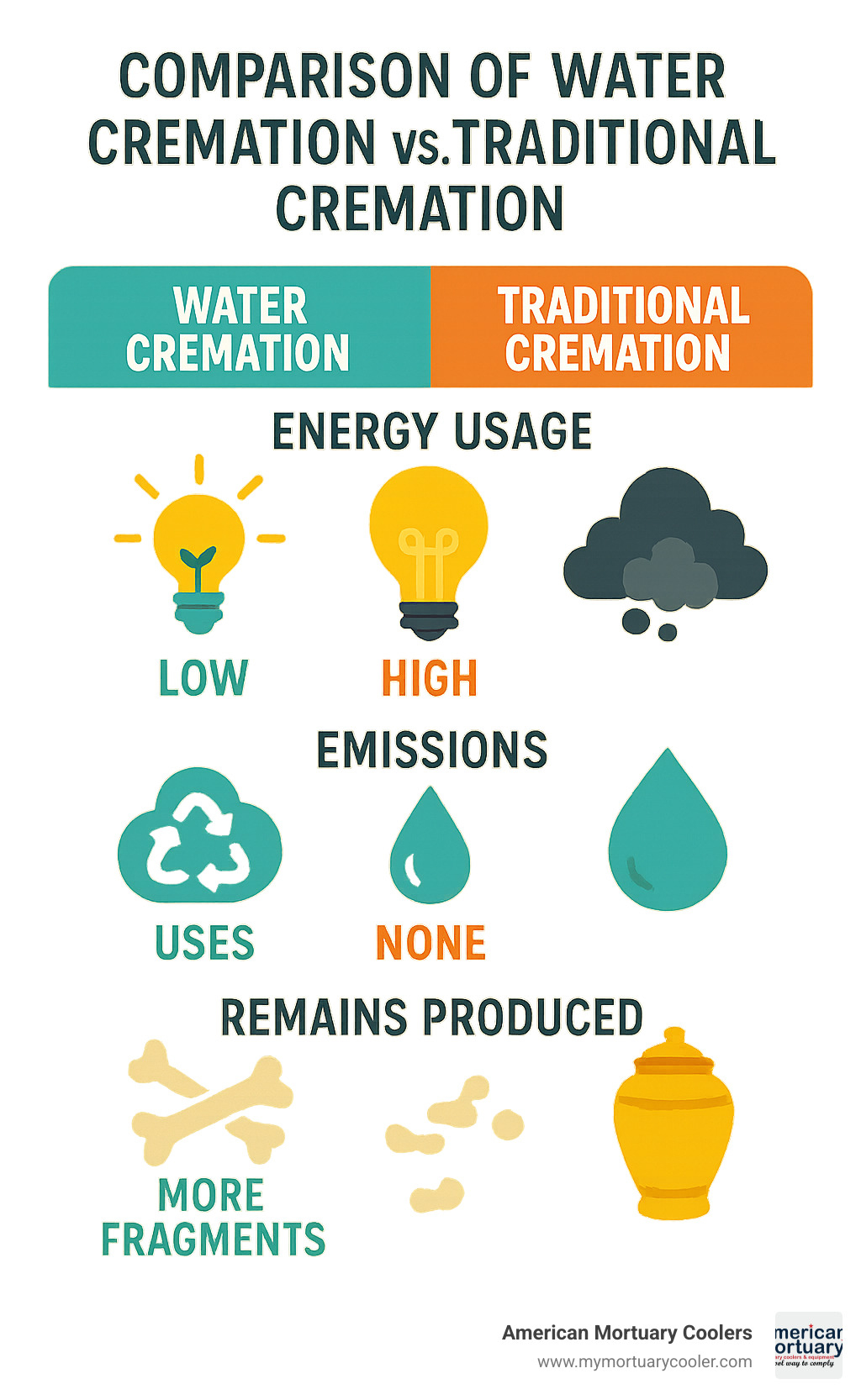 Comparison of water cremation vs traditional cremation showing energy usage, emissions, water consumption, and remains produced - what is water cremation infographic 