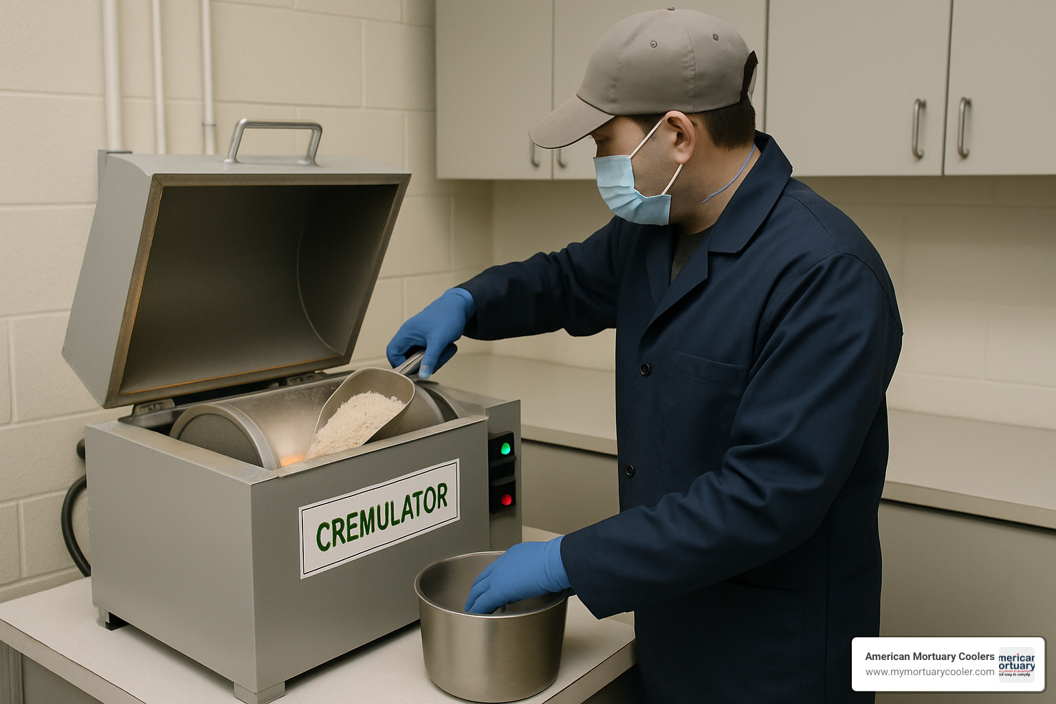 Operator processing cremated remains in a cremulator - incinerator dog cremation